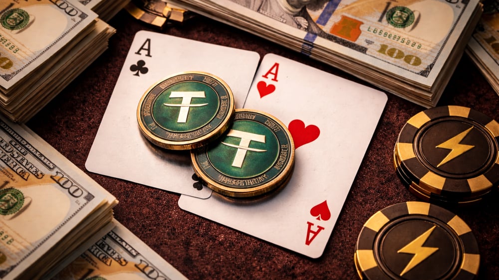 Two playing cards, cryptocurrency coins, and stacks of money on a casino table.
