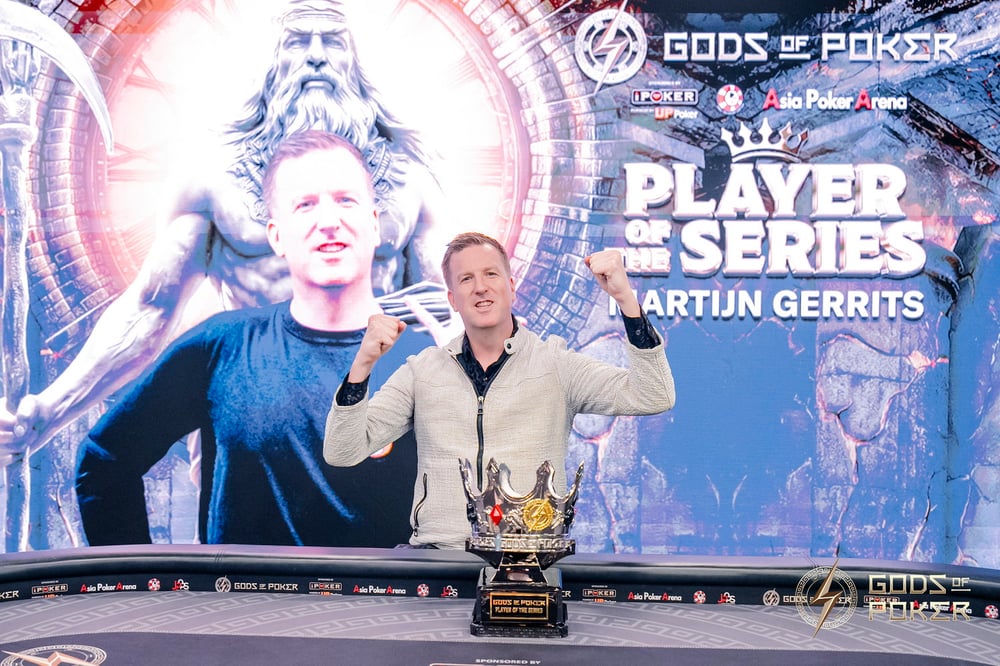 Martijn Gerrits celebrates his Player of the Series win at Gods of Poker, raising his fists.