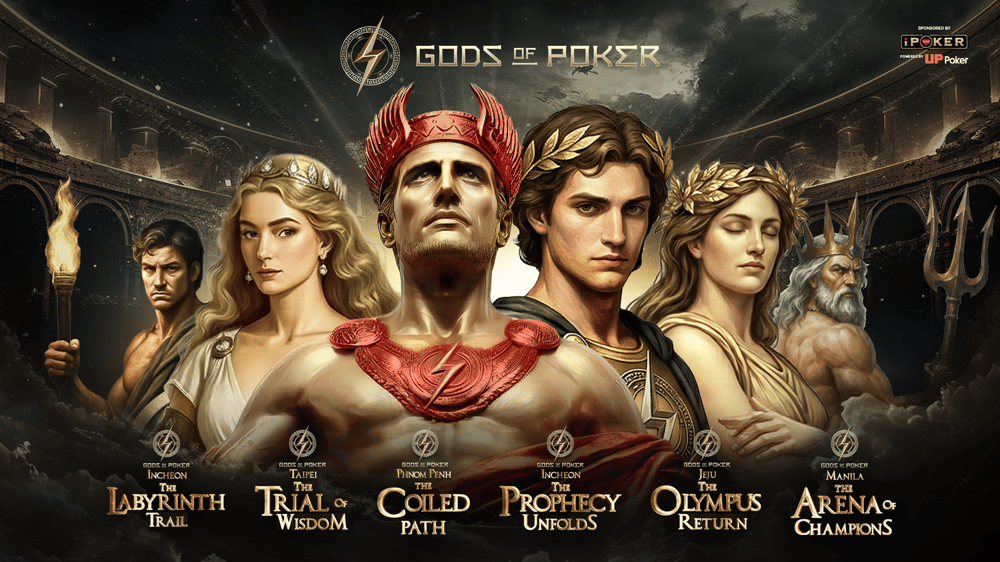 Promotional art for 'Gods of Poker' displaying mythological figures and themed game titles.