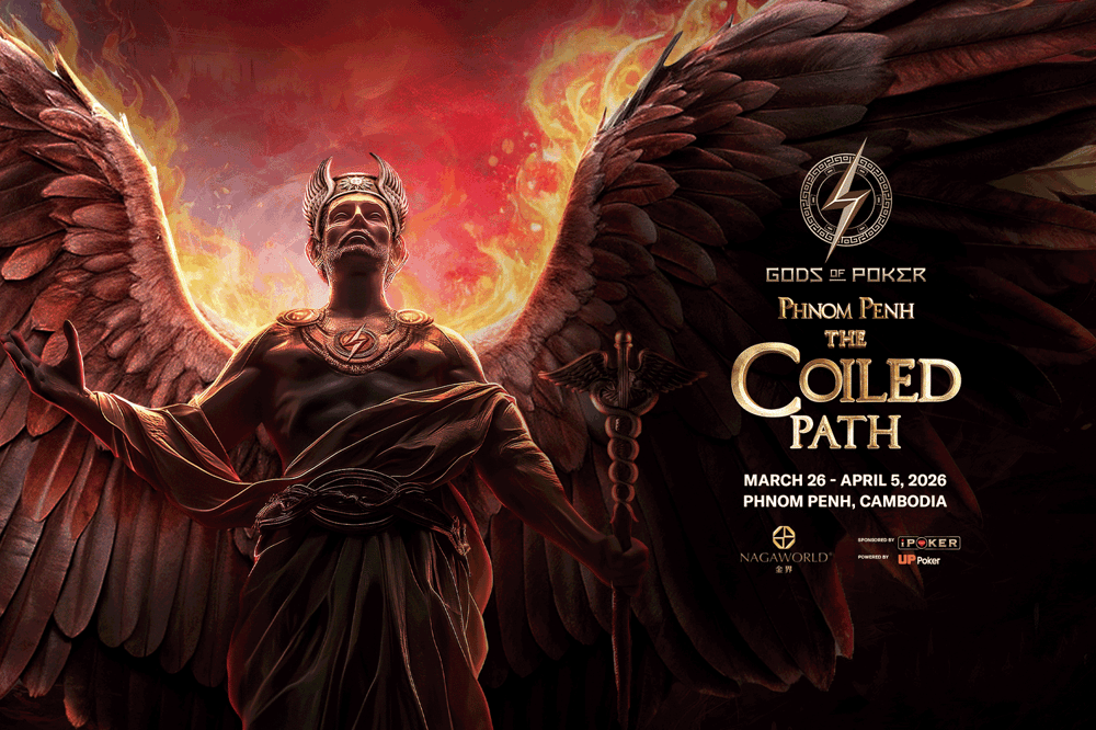 Winged figure with crown and fiery background, advertising 'THE COILED PATH' poker event.