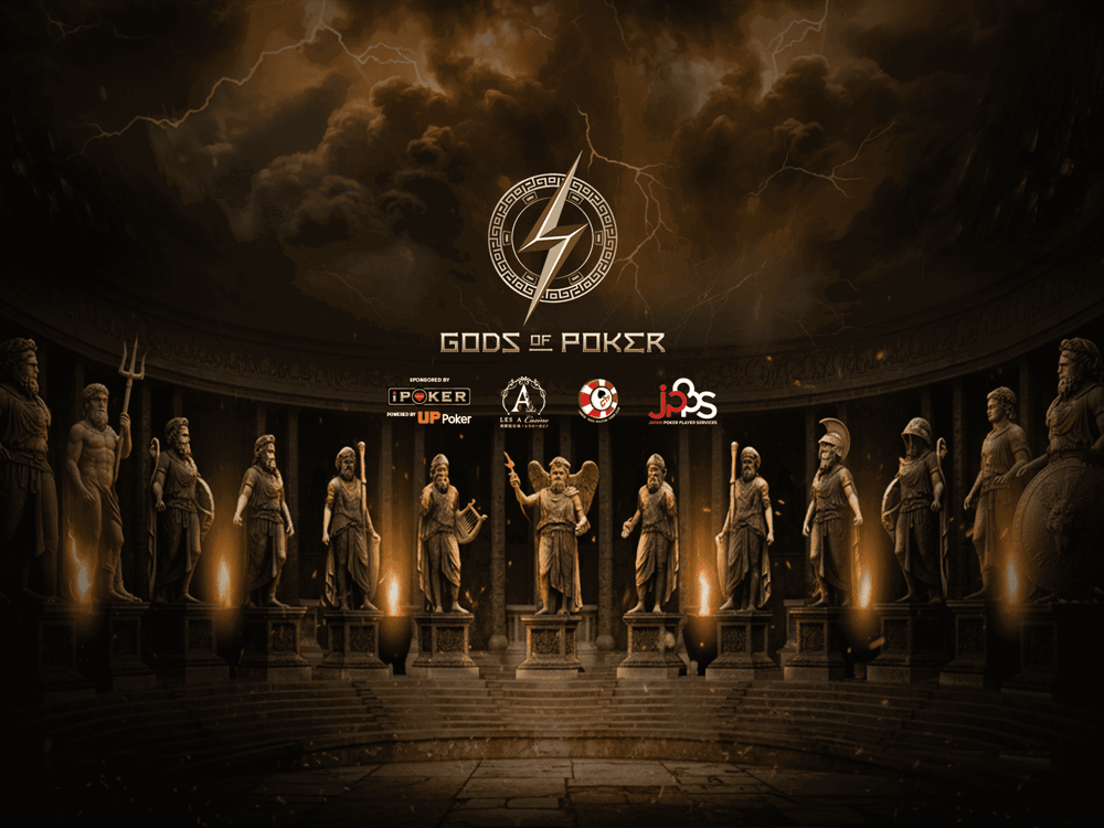 An ancient temple interior with numerous statues of gods and the 'GODS OF POKER' logo.