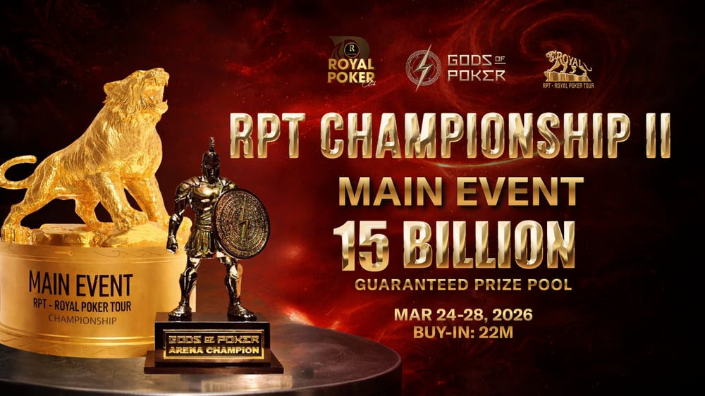 RPT Championship II poker tournament trophy with 15 Billion guaranteed prize pool.