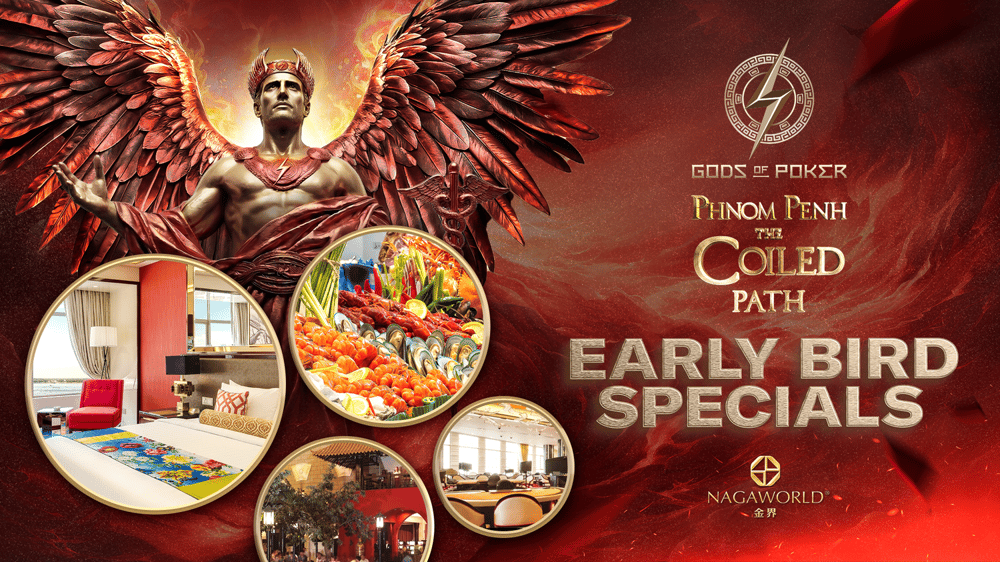Nagaworld promotion: fiery-winged figure, hotel room, food, event space, and 'Early Bird Specials'.
